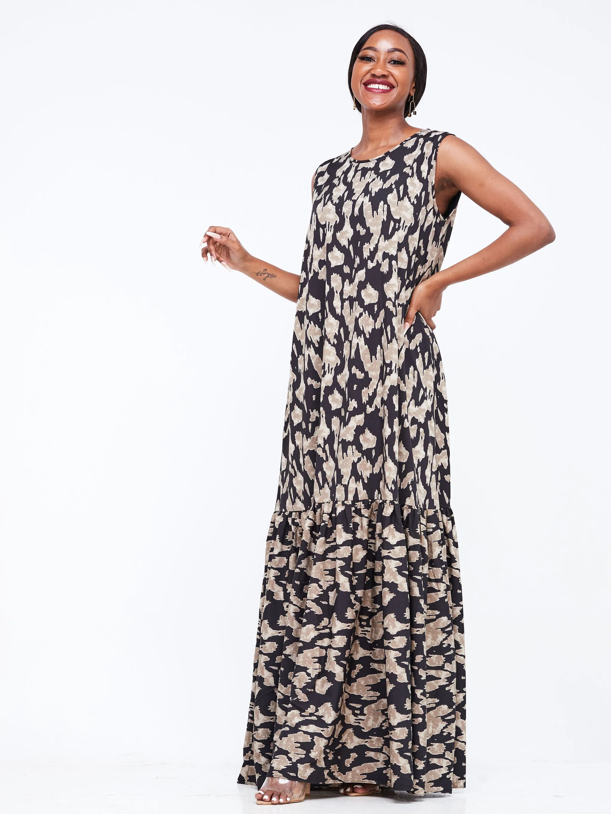 Safari Ayana Sleeveless Maxi Dress - Black / Brown Animal Print