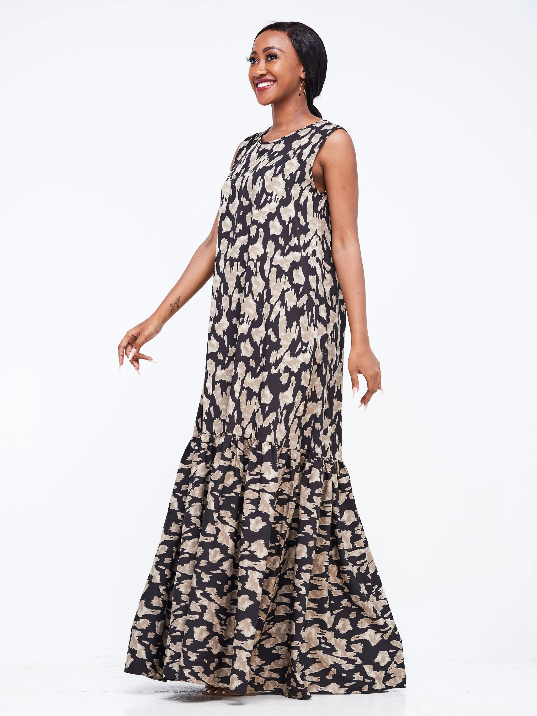 Safari Ayana Sleeveless Maxi Dress - Black / Brown Animal Print