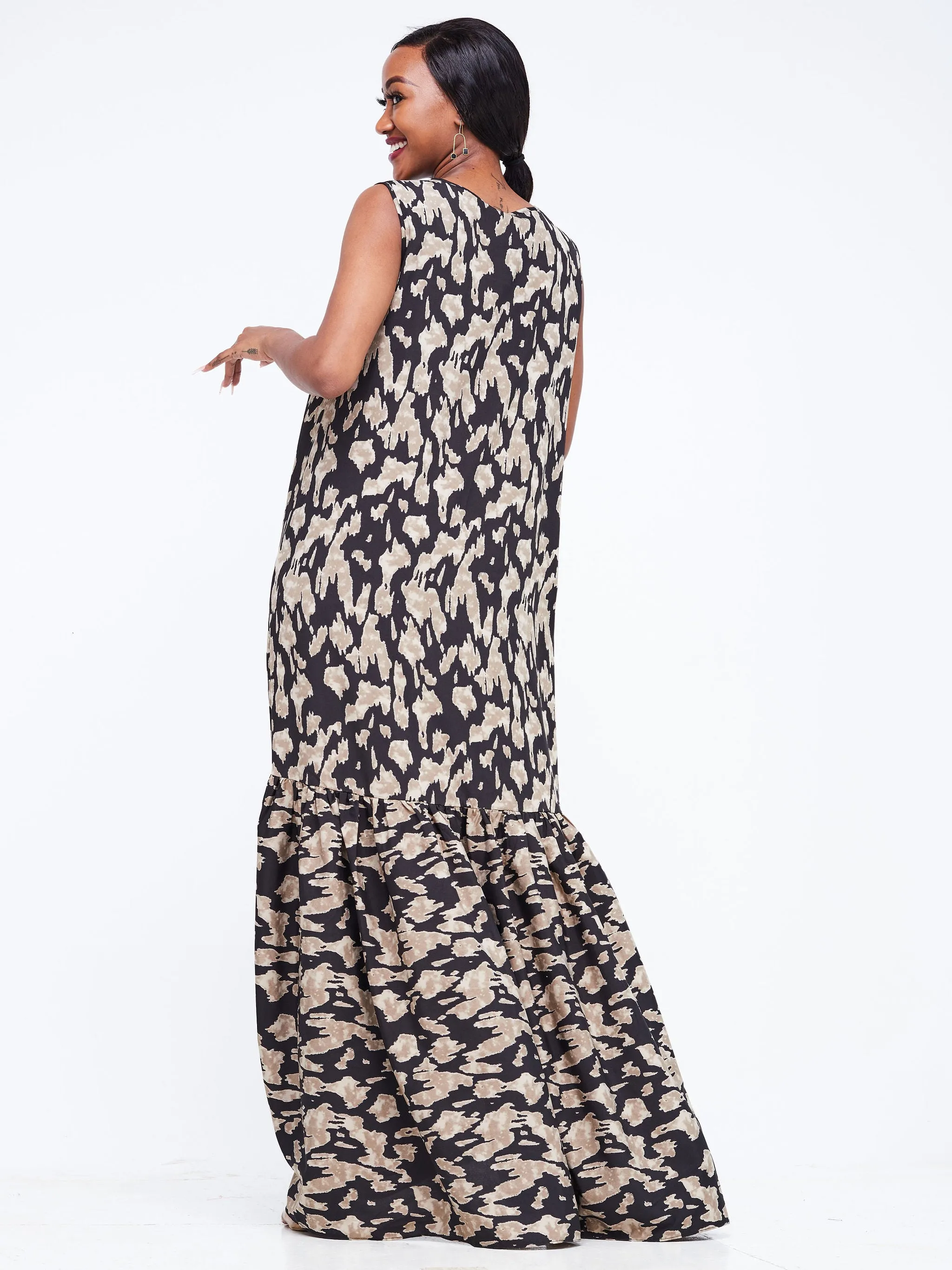 Safari Ayana Sleeveless Maxi Dress - Black / Brown Animal Print