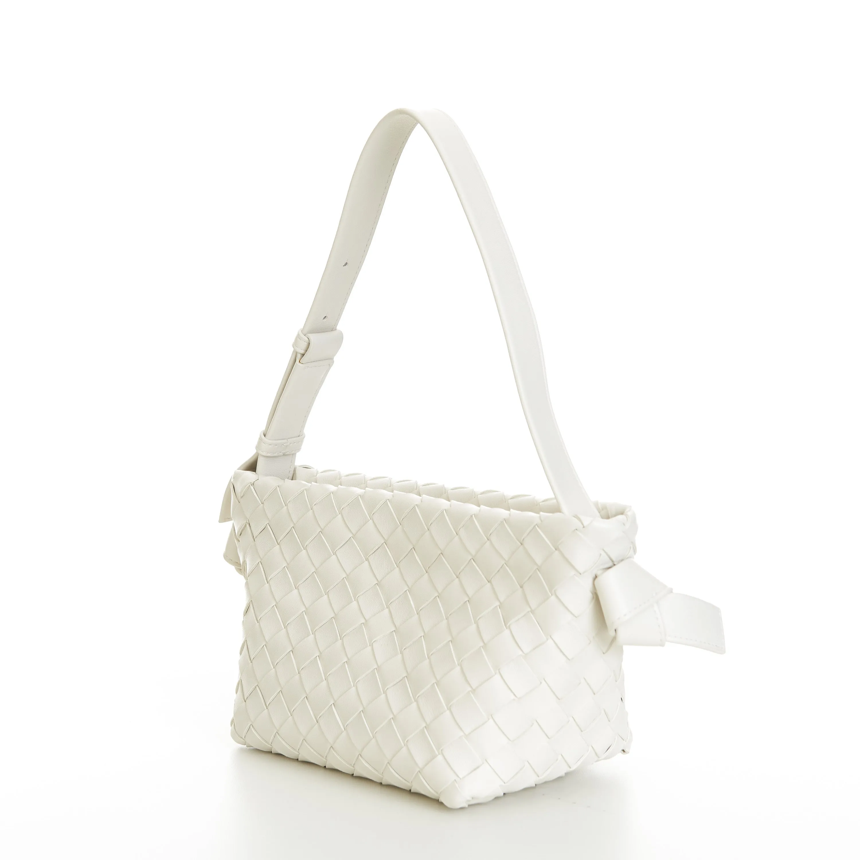 Small Tie Shoulder Bag In White Intrecciato Leather