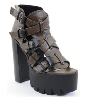 Strappy Buckle Open Toe Lug Platform Heels Olive