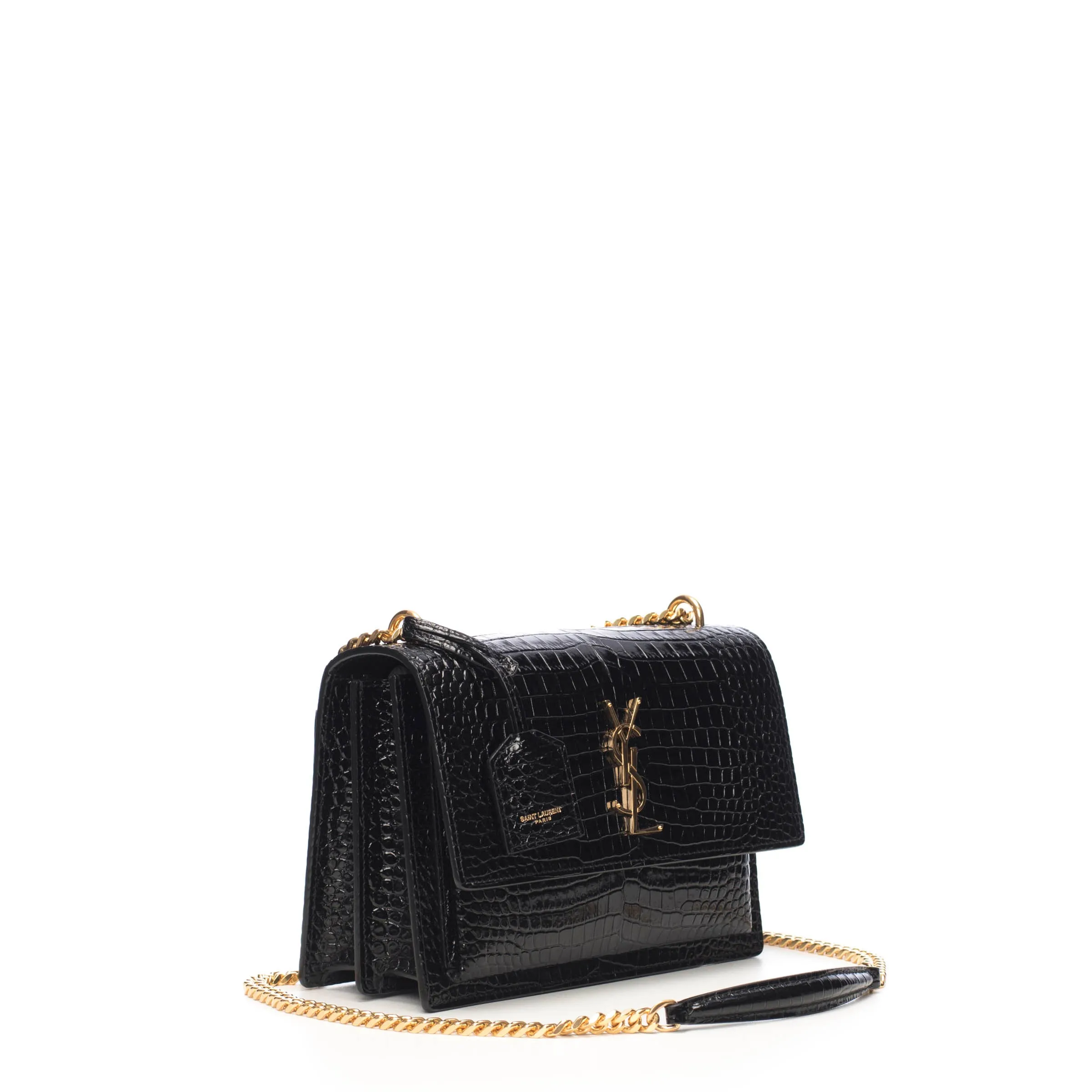 Sunset Medium In Black Crocodile-Embossed Shiny Leather