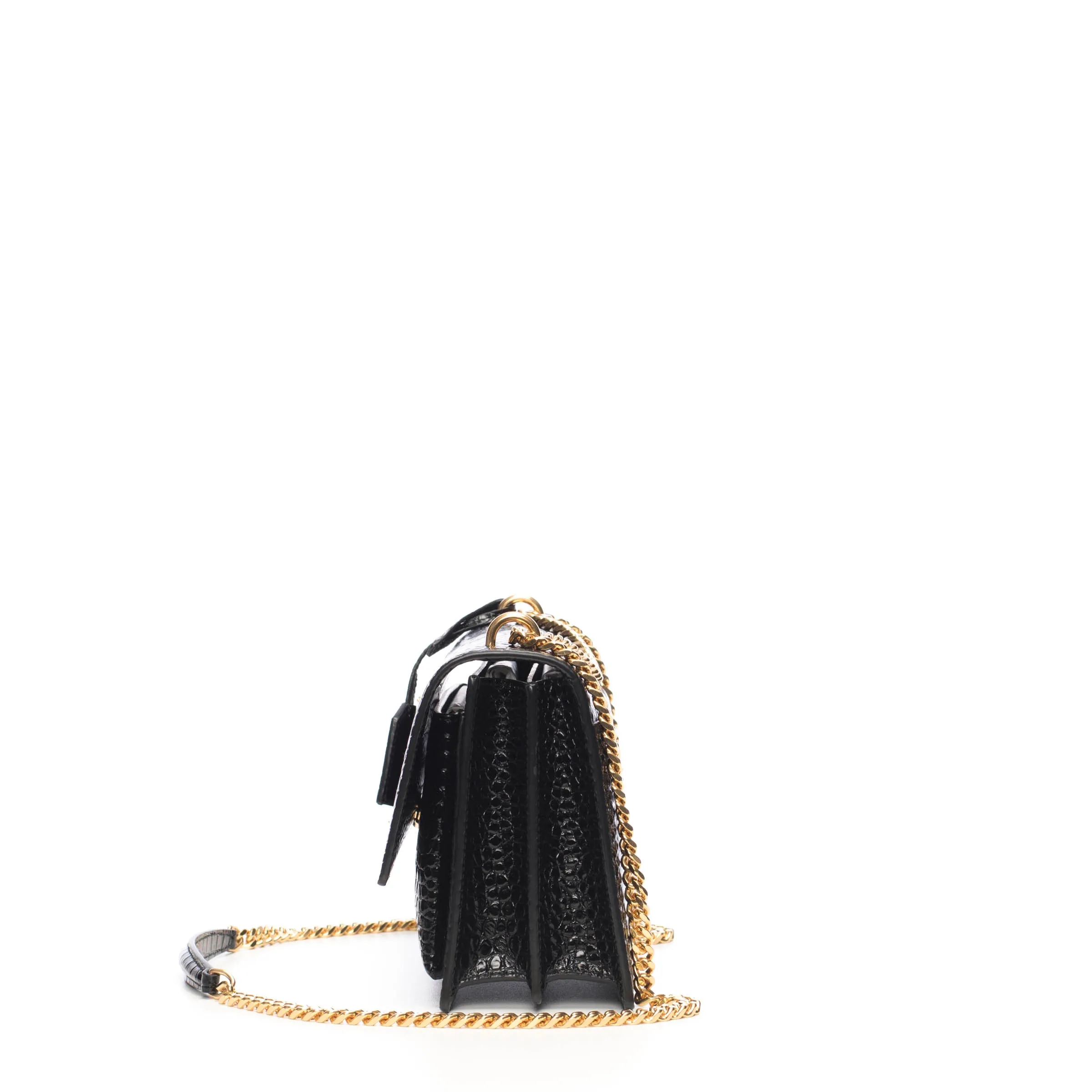 Sunset Medium In Black Crocodile-Embossed Shiny Leather