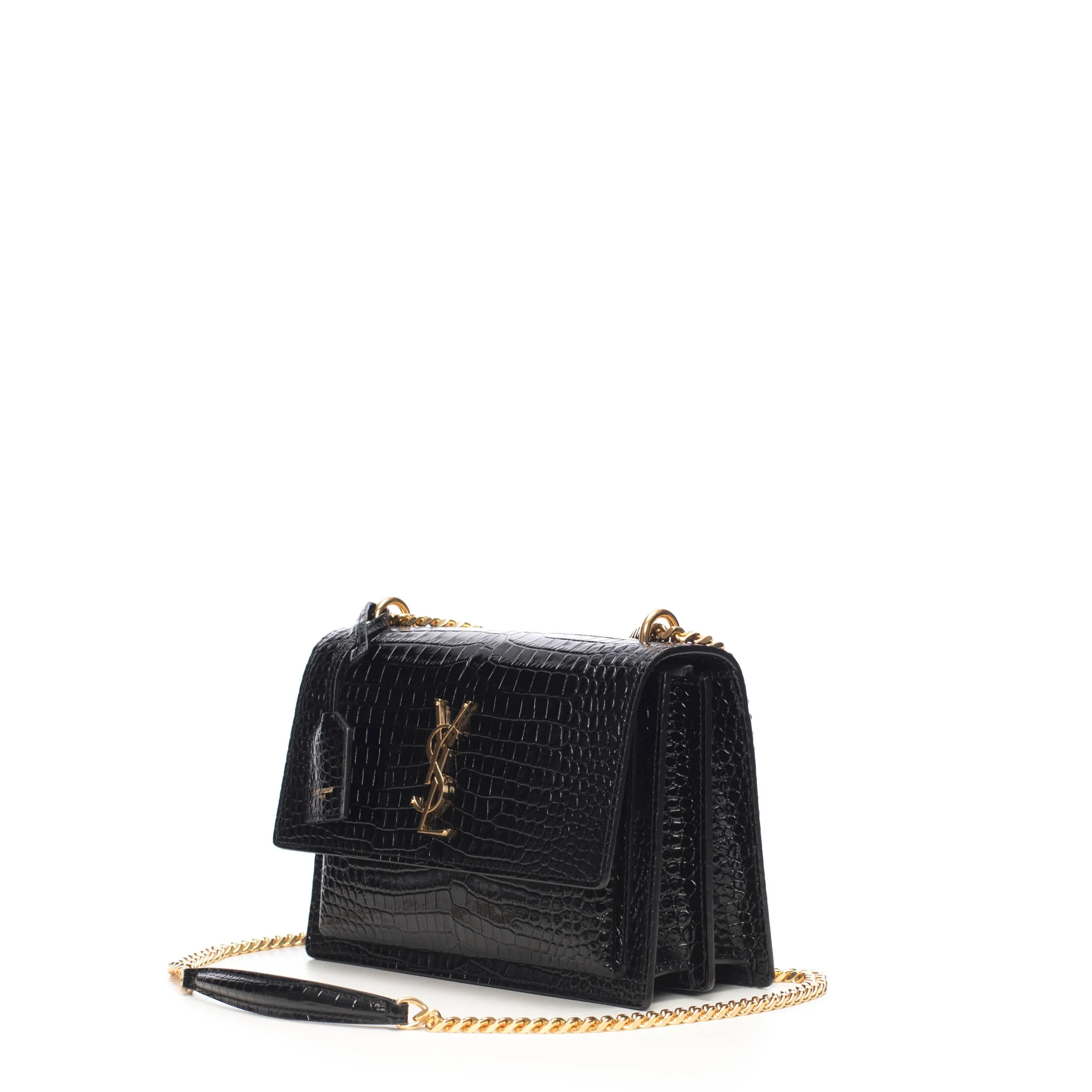 Sunset Medium In Black Crocodile-Embossed Shiny Leather