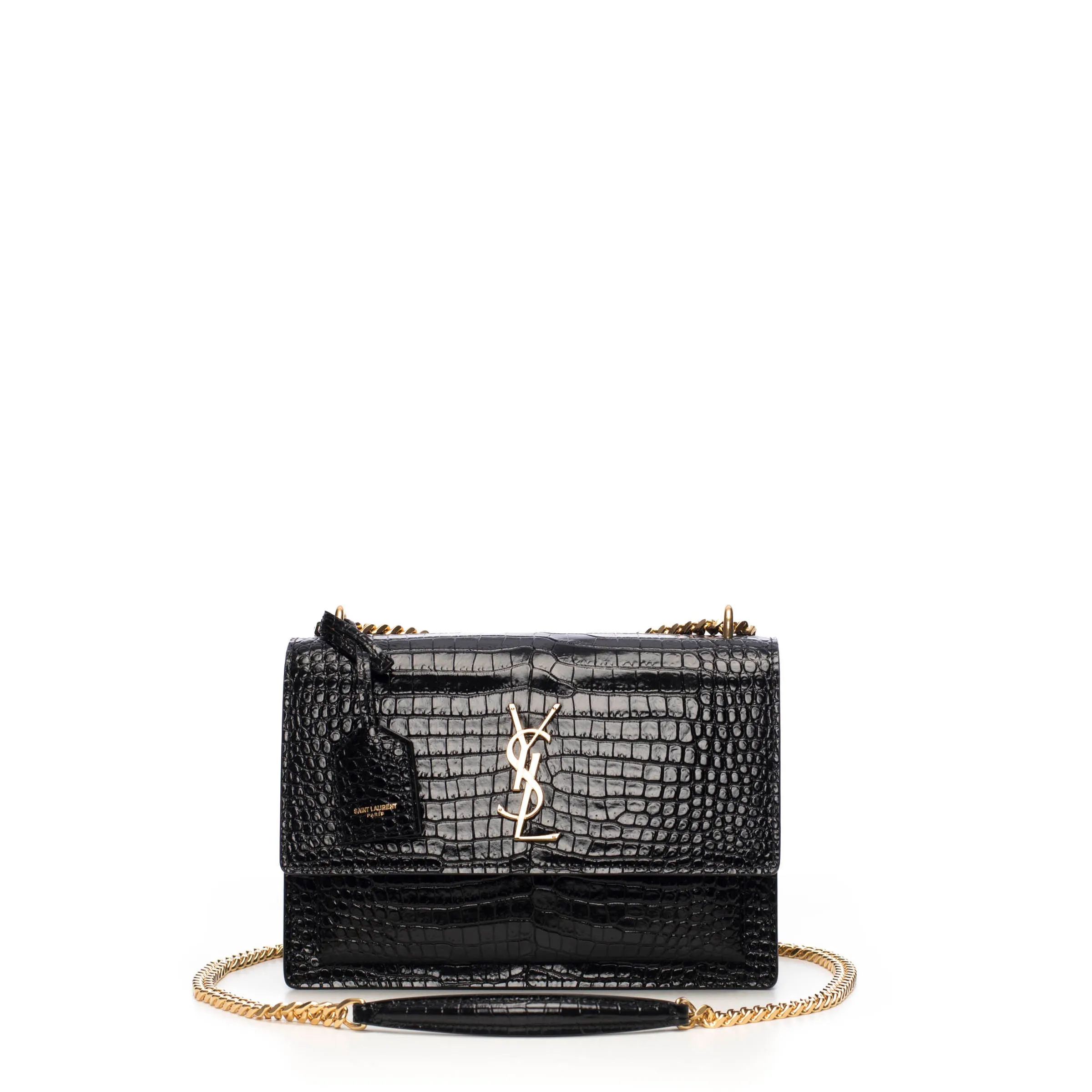 Sunset Medium In Black Crocodile-Embossed Shiny Leather