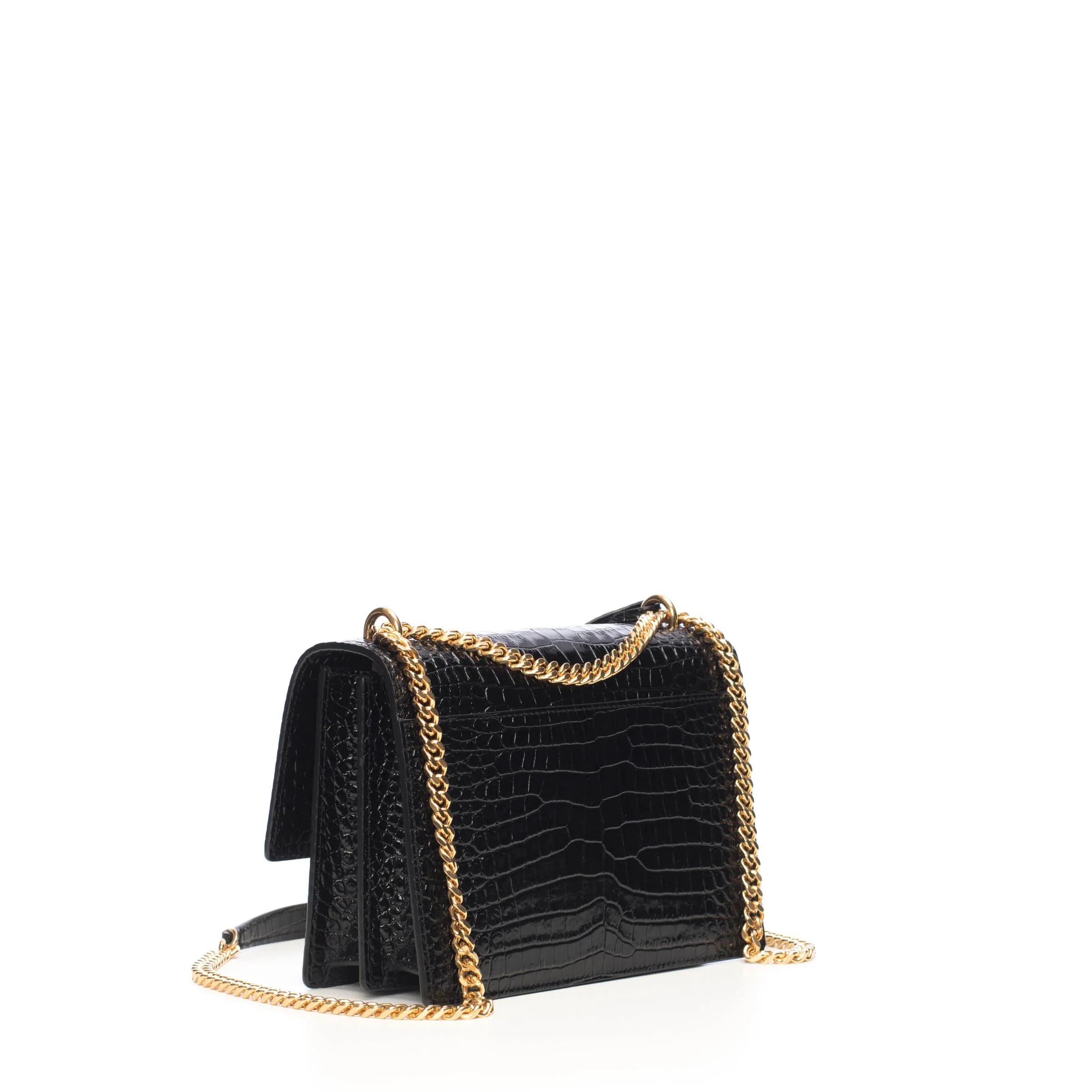 Sunset Medium In Black Crocodile-Embossed Shiny Leather