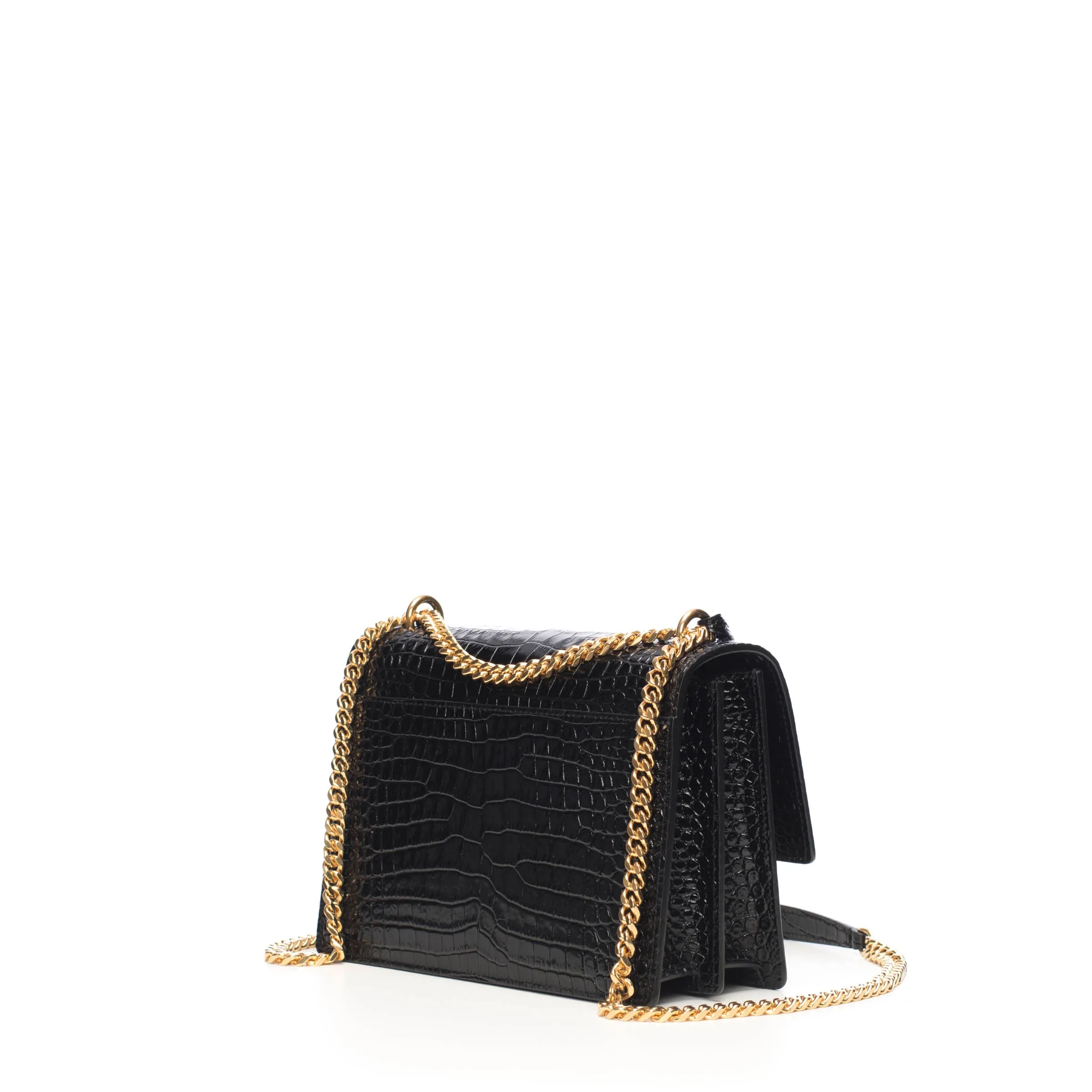 Sunset Medium In Black Crocodile-Embossed Shiny Leather