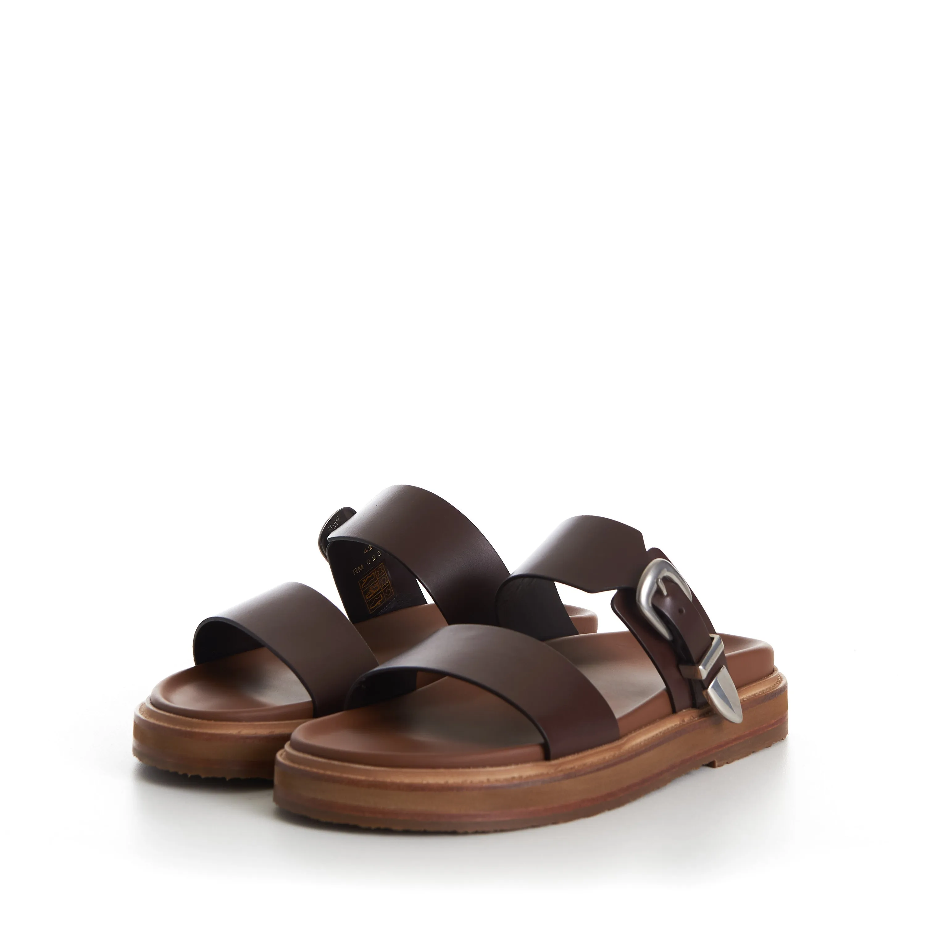 TIPPI Slide Sandals - Brown Leather, Western Buckle