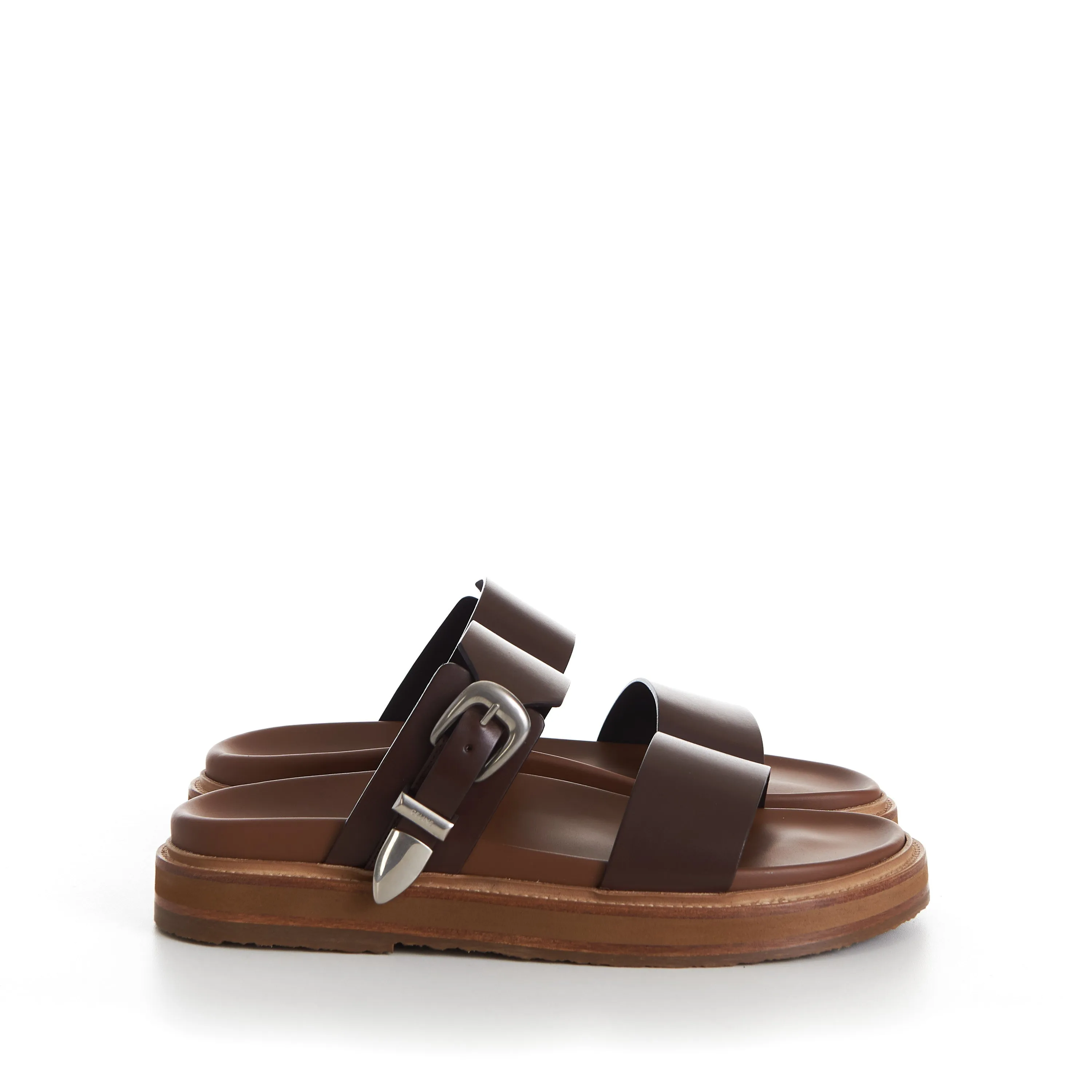 TIPPI Slide Sandals - Brown Leather, Western Buckle