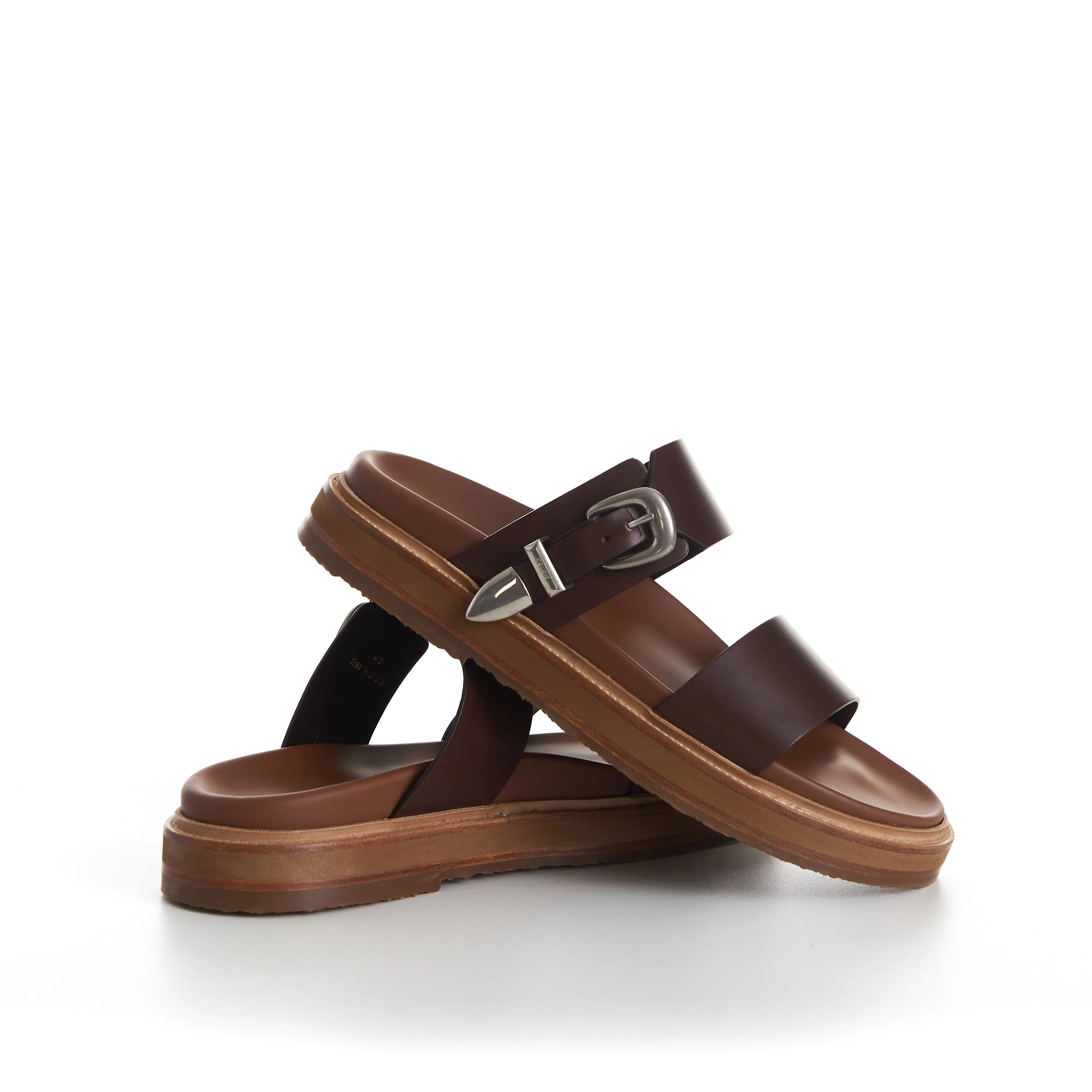 TIPPI Slide Sandals - Brown Leather, Western Buckle