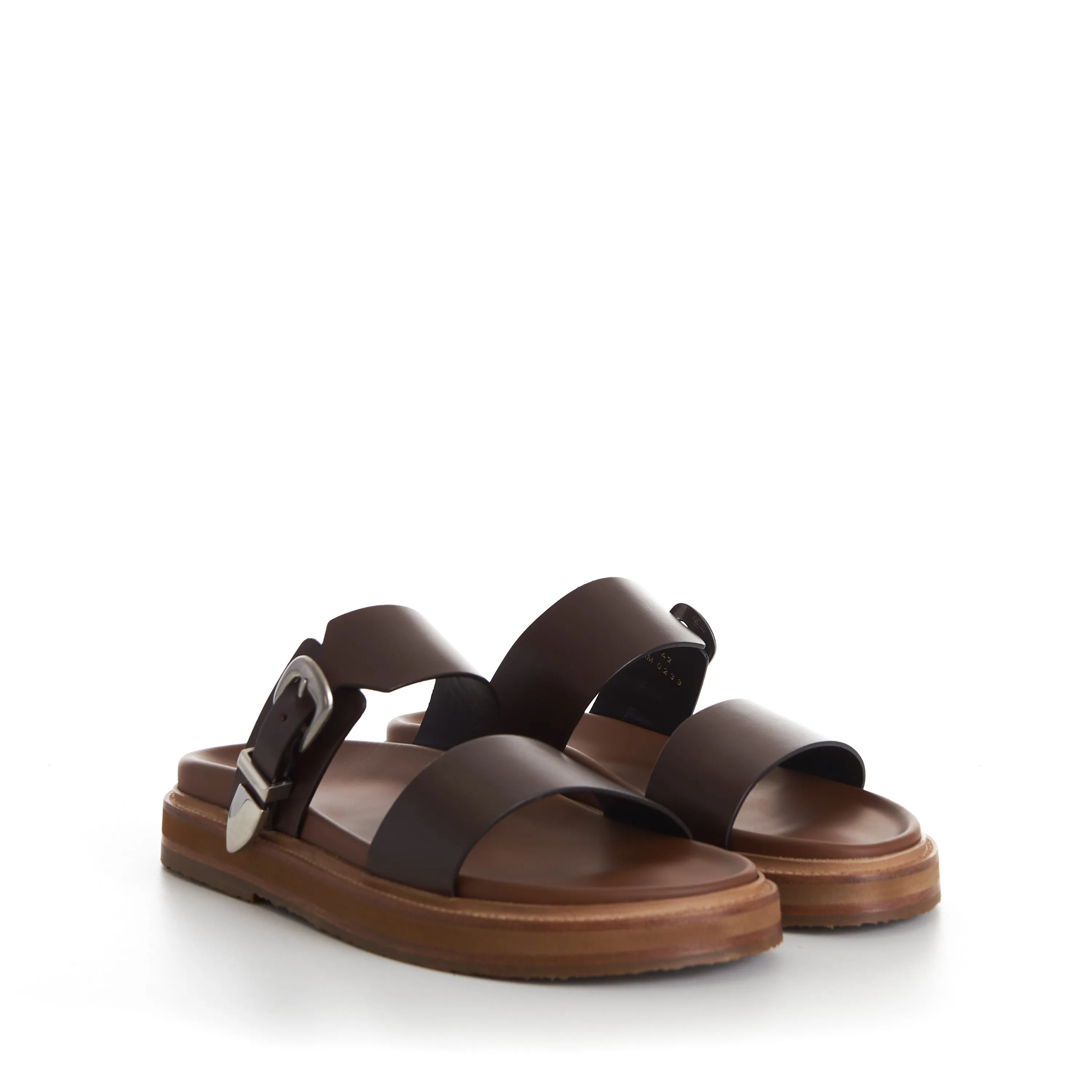 TIPPI Slide Sandals - Brown Leather, Western Buckle