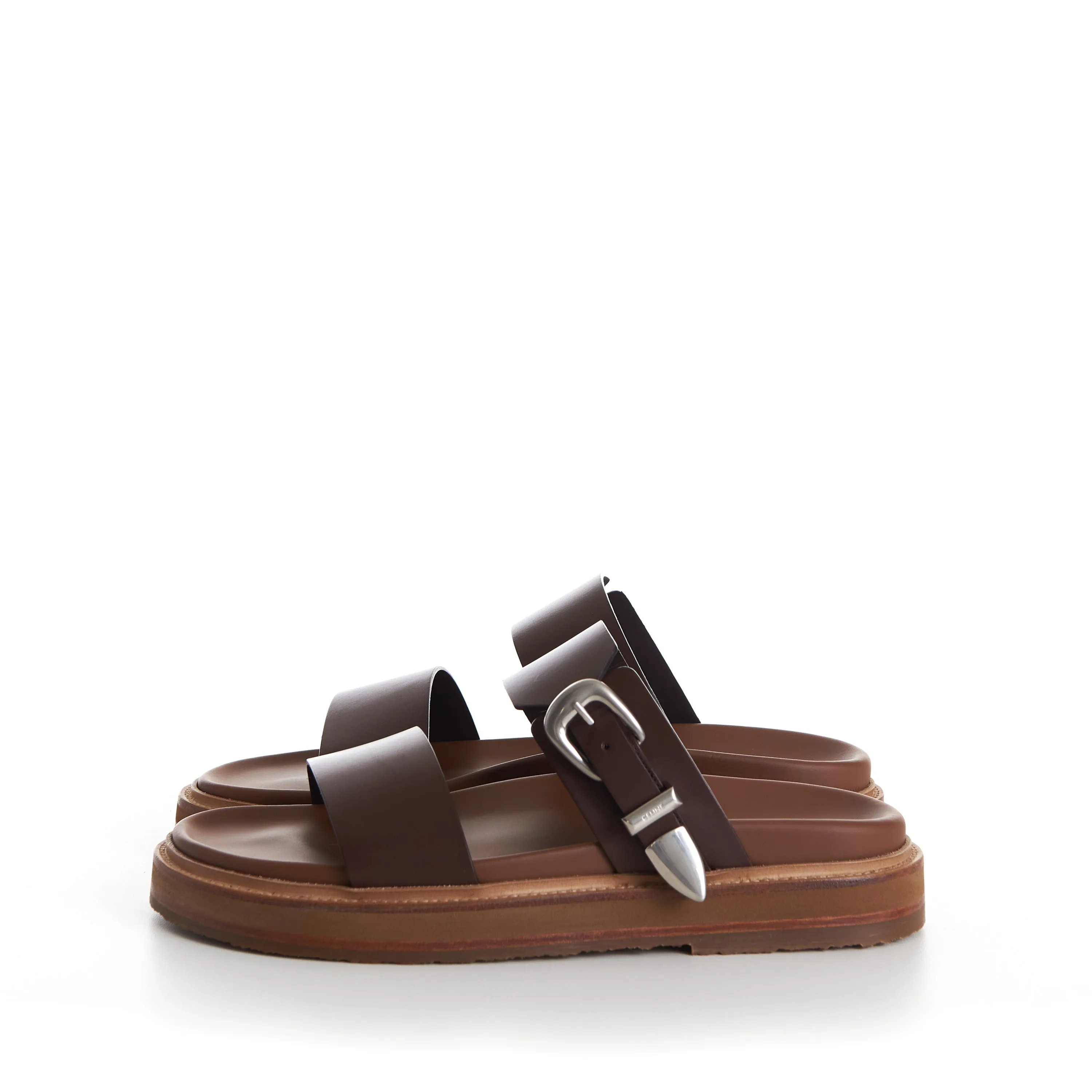 TIPPI Slide Sandals - Brown Leather, Western Buckle