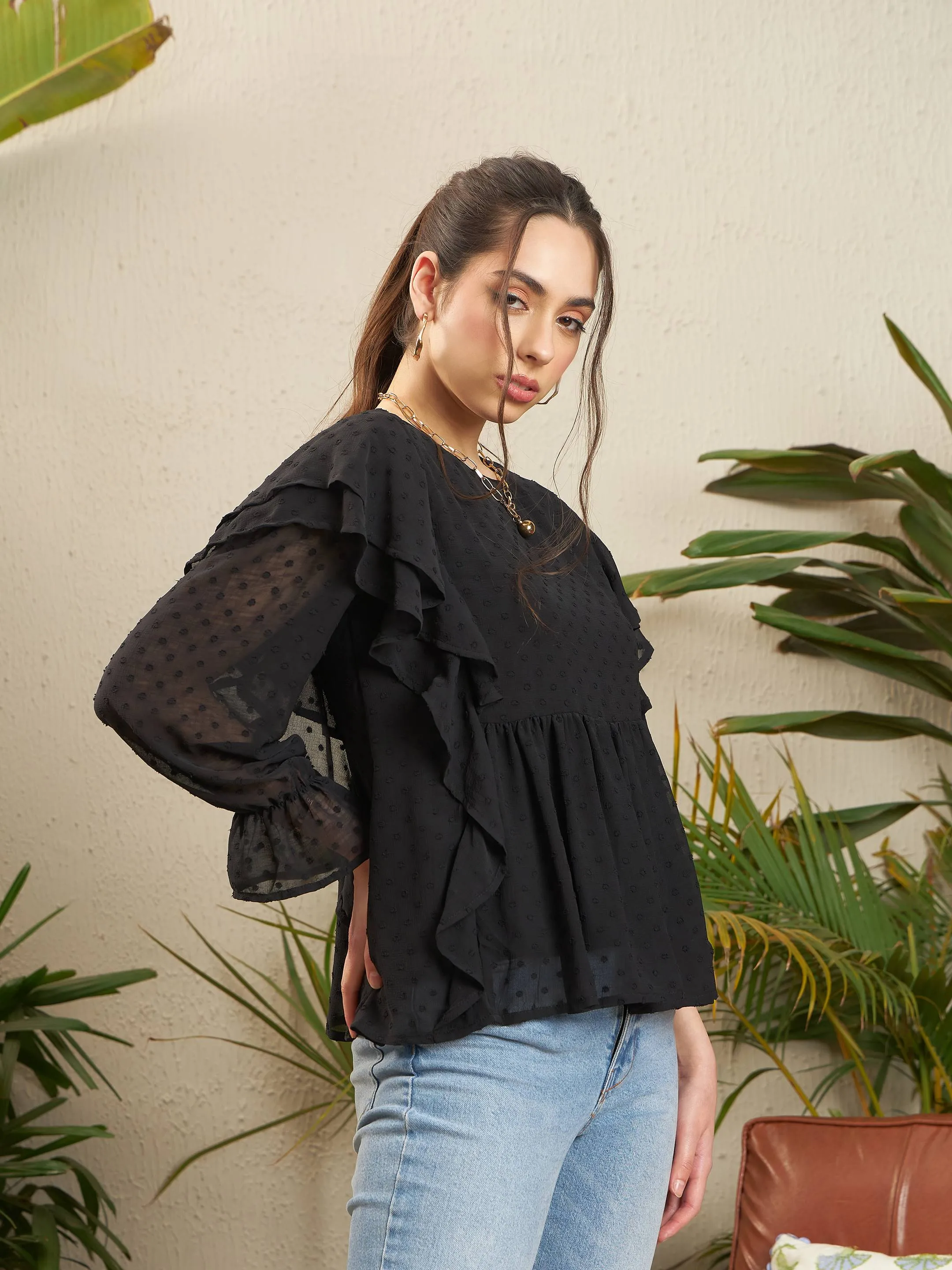 Women Black Dobby Ruffle Top