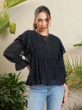 Women Black Dobby Ruffle Top