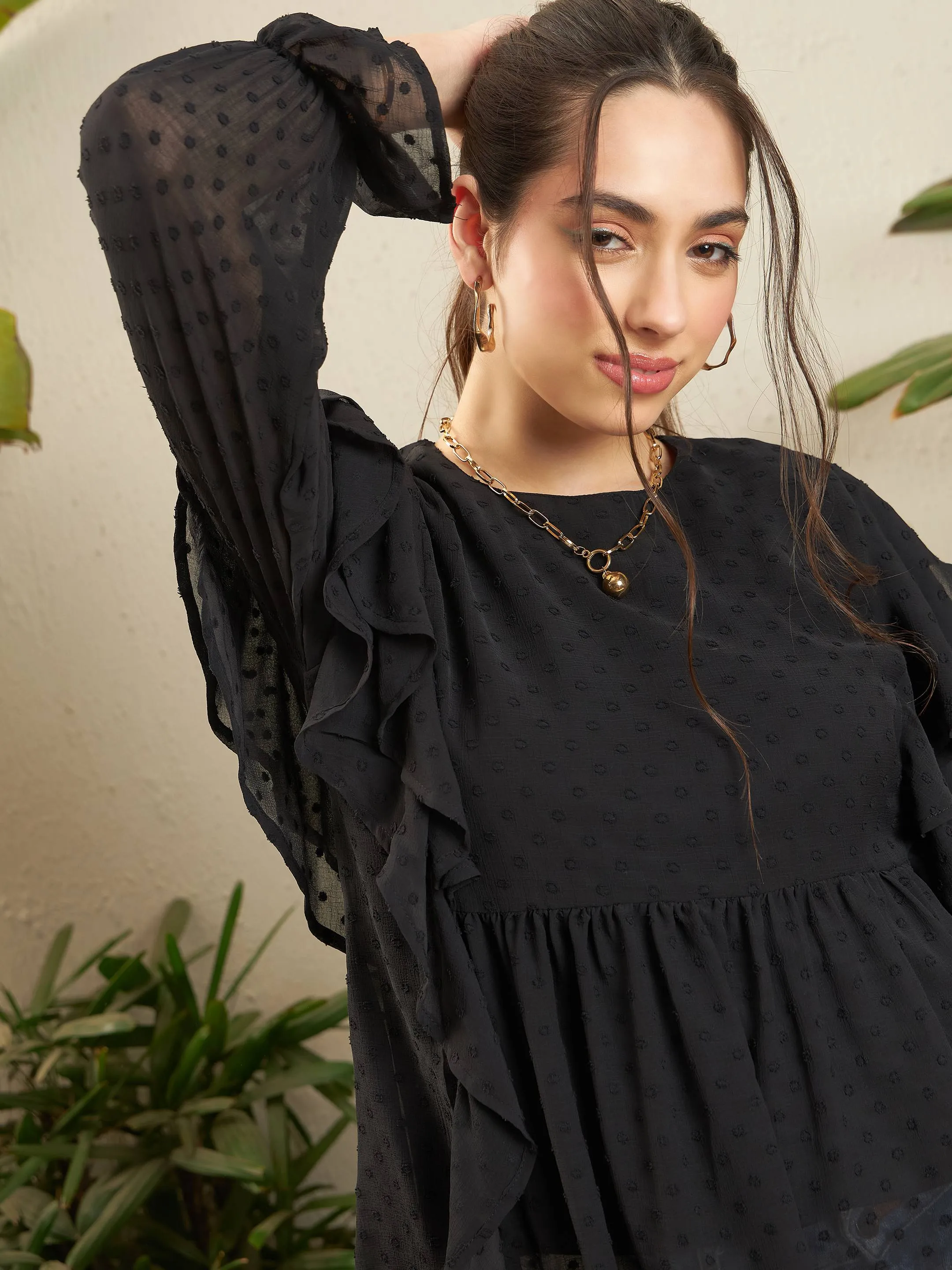 Women Black Dobby Ruffle Top