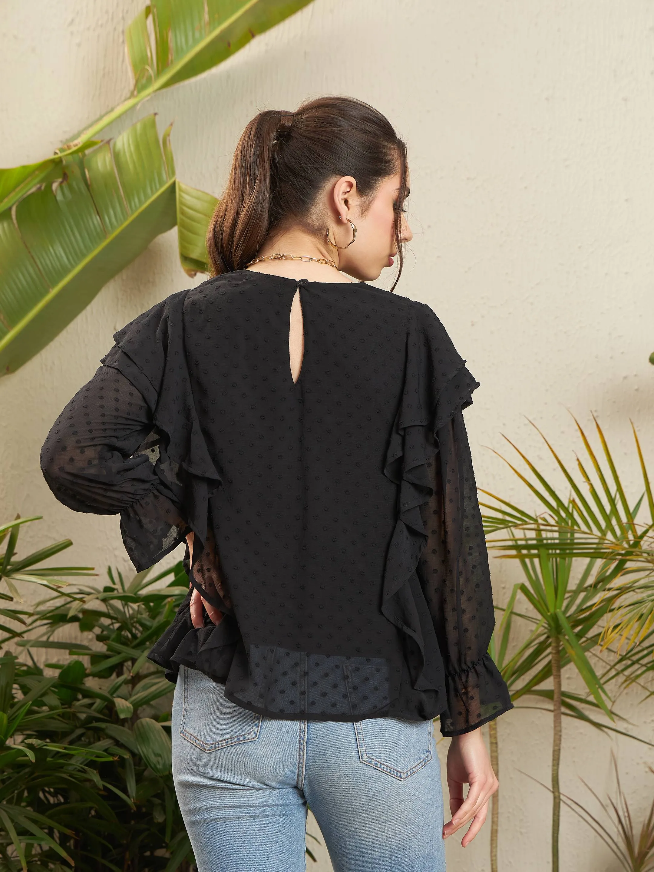 Women Black Dobby Ruffle Top