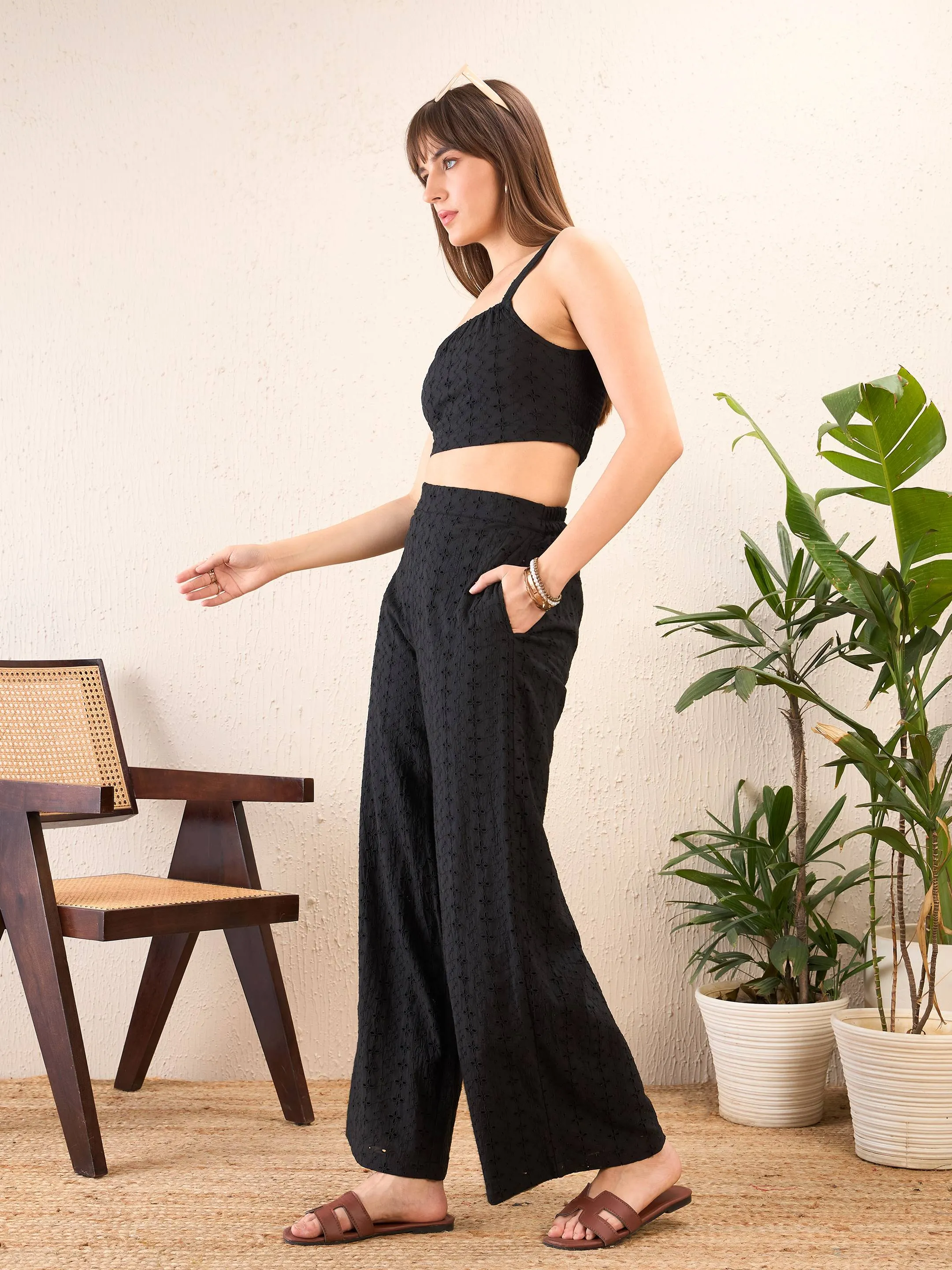 Women Black Schiffli Crop Top With Straight Pants