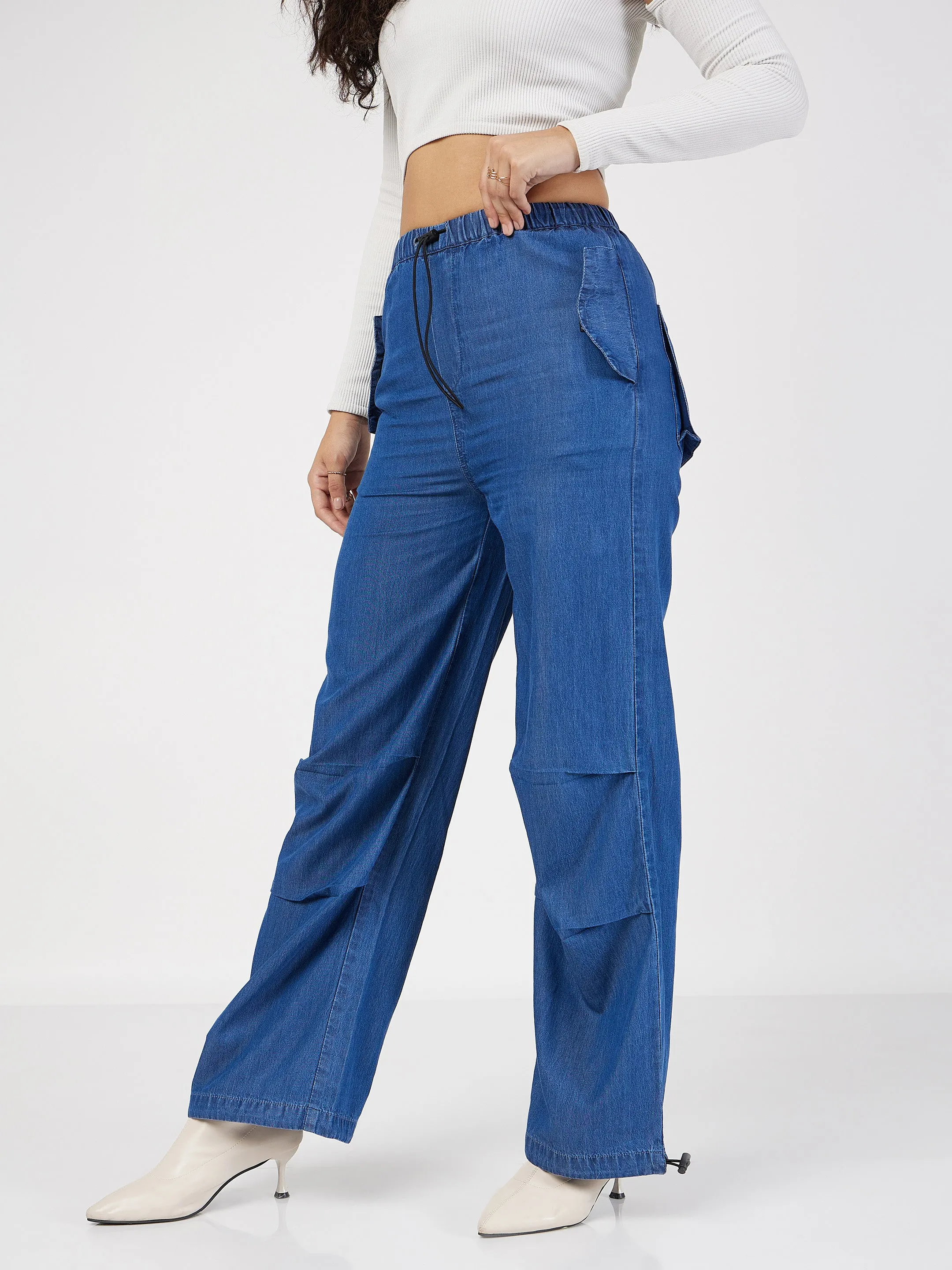 Women Blue Denim Baggy Fit Cargo Pants