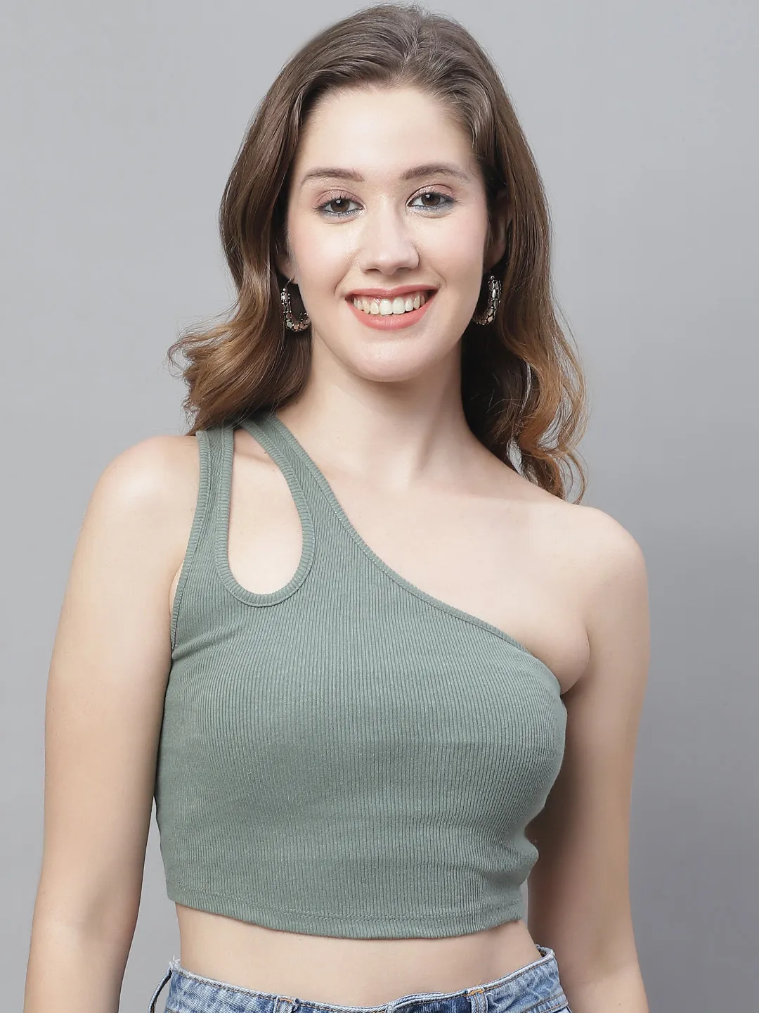 Women Green One Shoulder Top