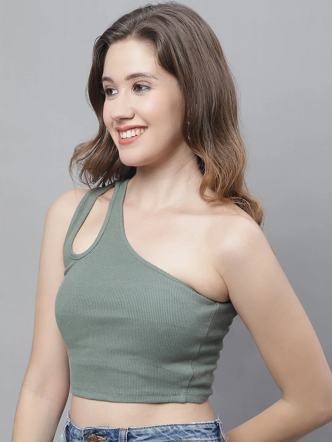 Women Green One Shoulder Top