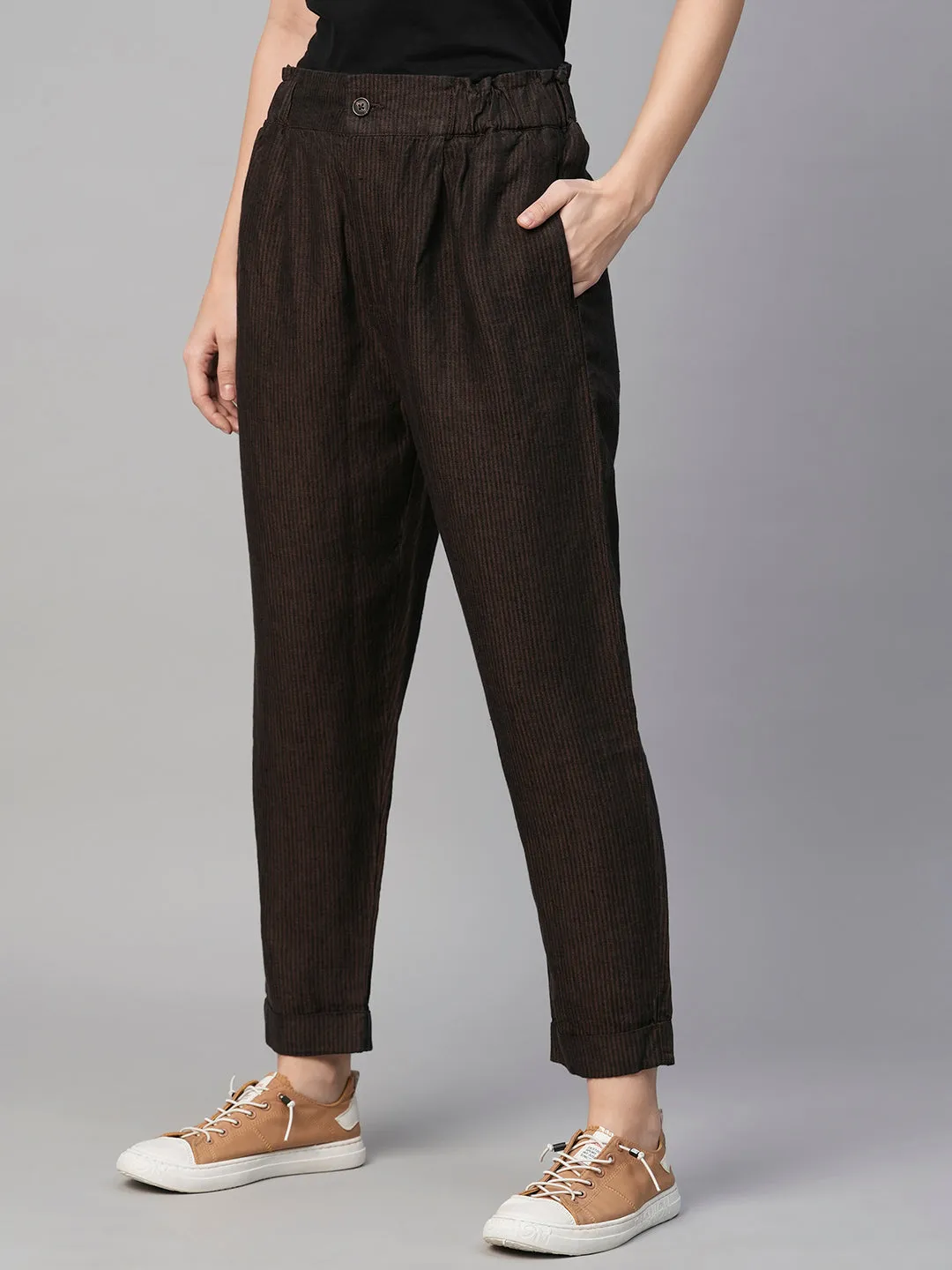 Women's Brown Linen Regular Fit Pant