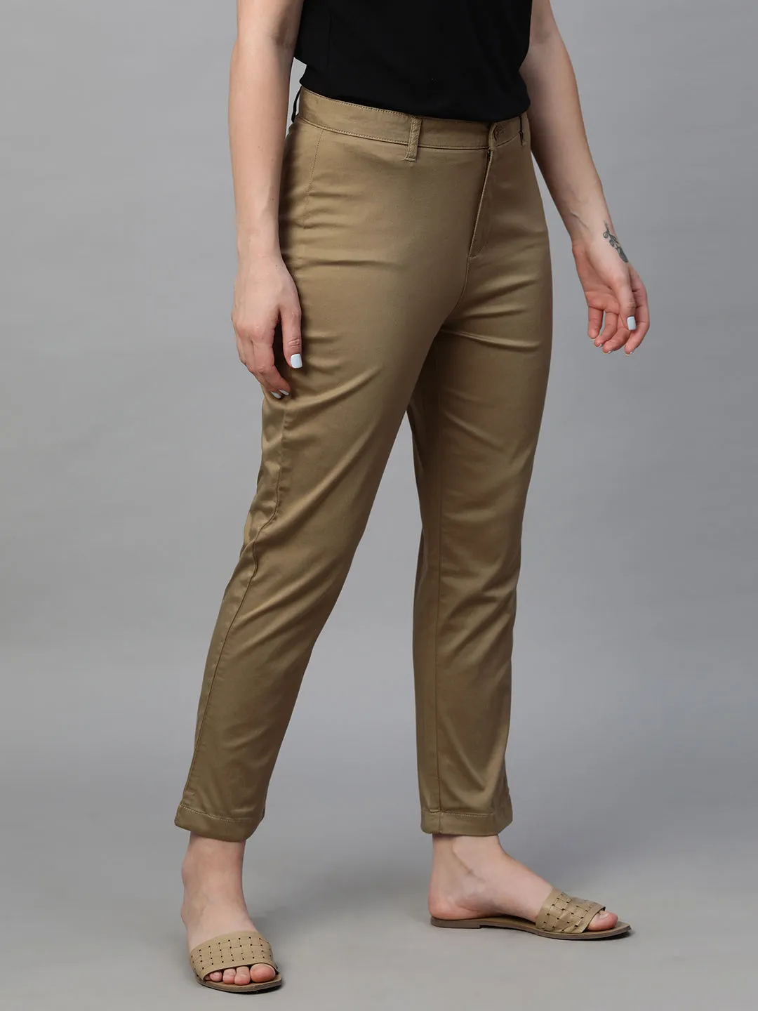 Women's Khaki Cotton Lycra Regular Fit Pant