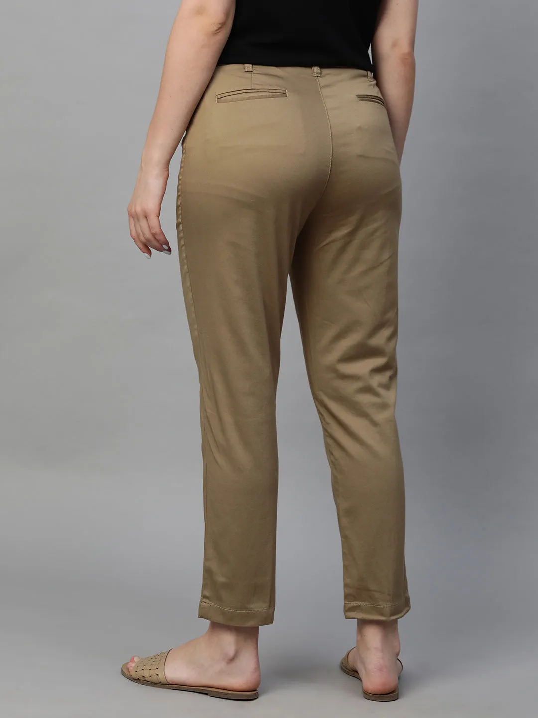 Women's Khaki Cotton Lycra Regular Fit Pant