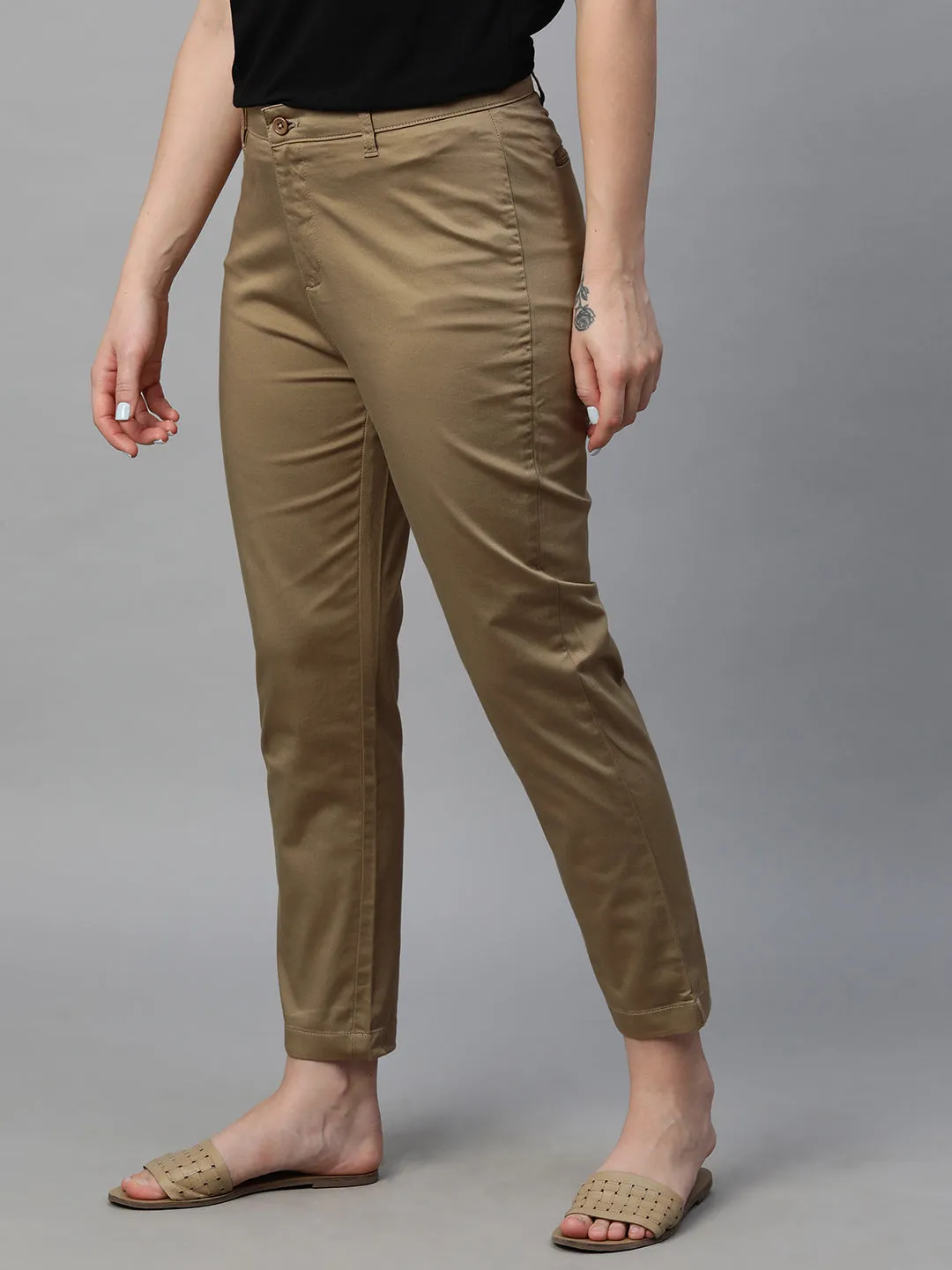 Women's Khaki Cotton Lycra Regular Fit Pant