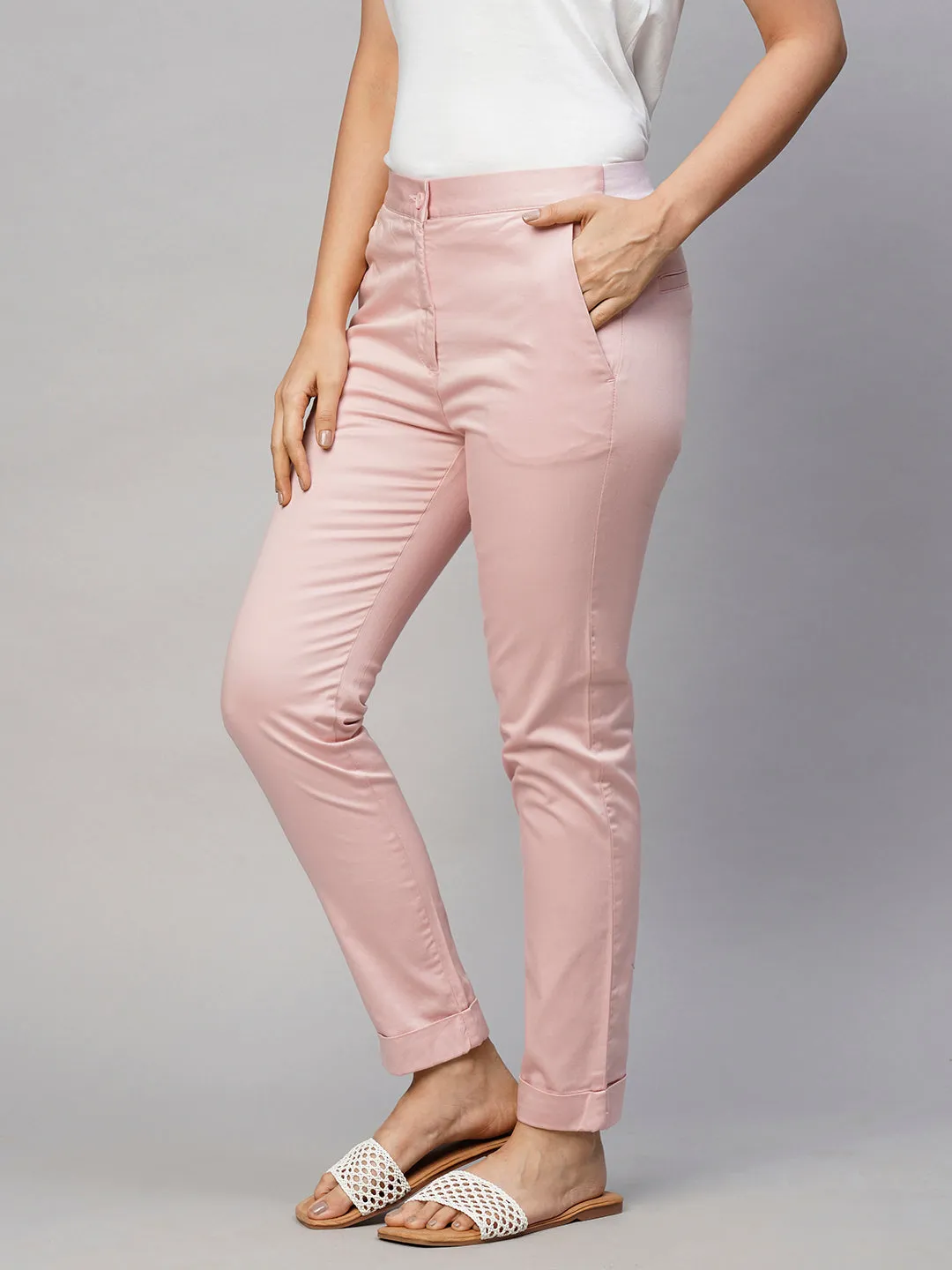 Women's Pink Cotton Lycra Slim Fit Pant