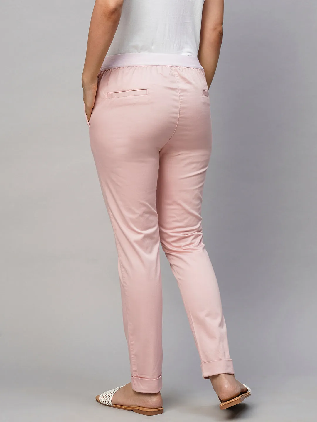 Women's Pink Cotton Lycra Slim Fit Pant