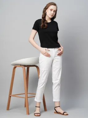 Women's White Cotton Elastane Regular Fit Pant